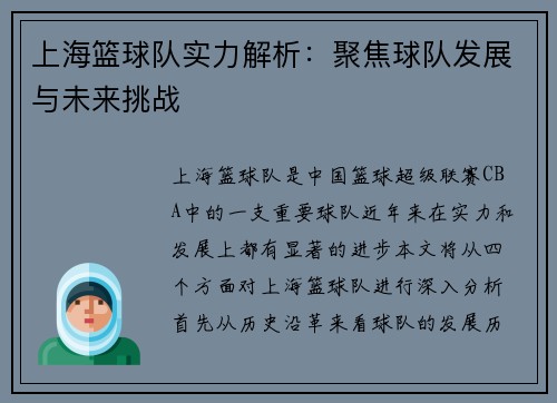 上海篮球队实力解析：聚焦球队发展与未来挑战