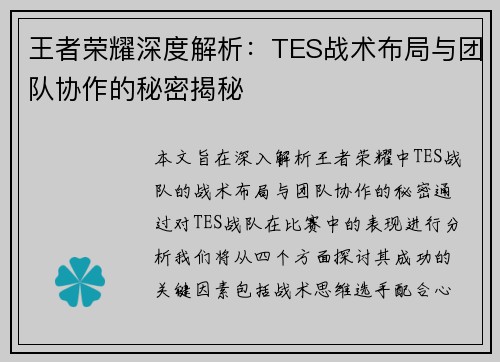 王者荣耀深度解析：TES战术布局与团队协作的秘密揭秘